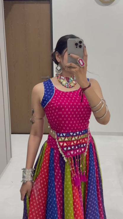 MULTICOLOUR RAINBOW BANDHANI GEORGETTE COTTON NAVRATRI CHANIYA CHOLI WITH MIRROR KANDORA BELT