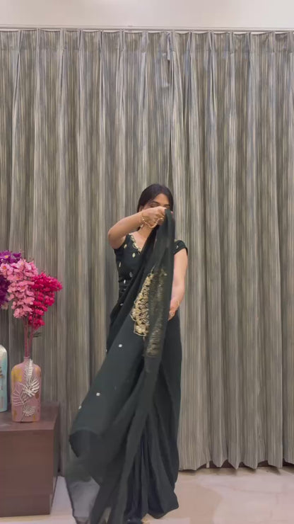 GEORGETTE READY TO WEAR SAREE WITH EMBROIDERY, REAL MIRROR & PEARLS WORK