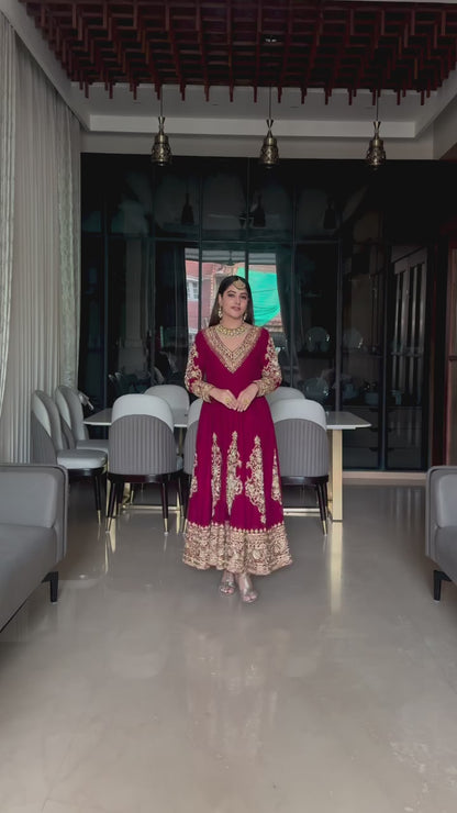 WOMEN'S STYLISH RED ANARKALI GOWN WITH LACE BORDER