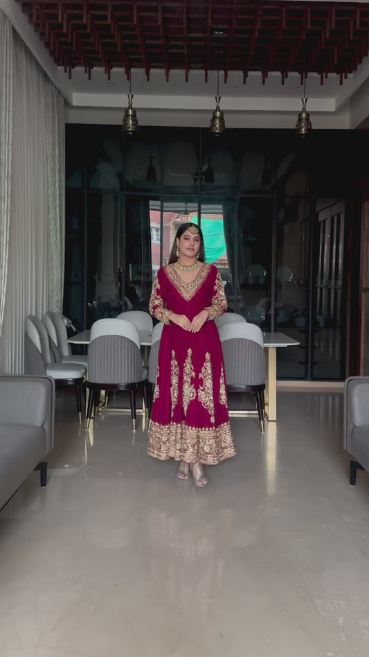 WOMEN'S STYLISH RED ANARKALI GOWN WITH LACE BORDER