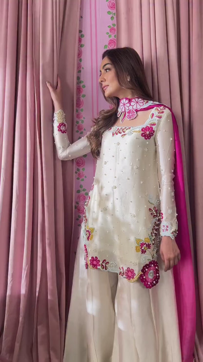 WHITE SILK MULTI EMBROIDERY SHARARA SUIT