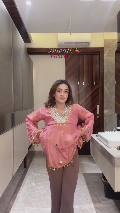 PEACH COSS MOSS SALWAR SUIT SET WITH MIRROR WORK