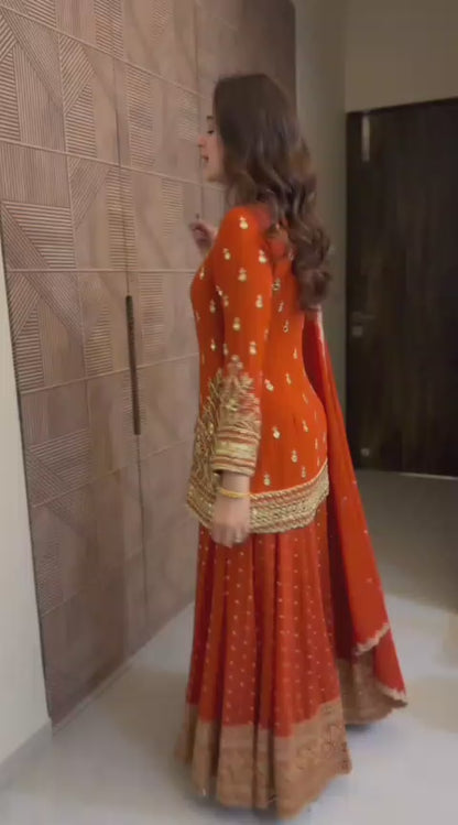 RUST ORANGE SHARARA SUIT SET WITH GOLD EMBROIDERY