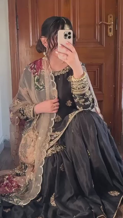 BLACK - SILK SHARARA KURTA SET