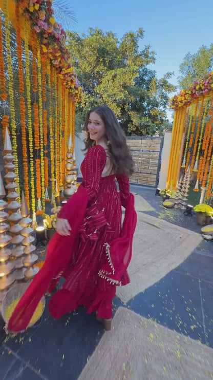 RED LUXURY BLOOMING GEORGETTE FULL SLEEVES ANARKALI SET WITH PLAZZO