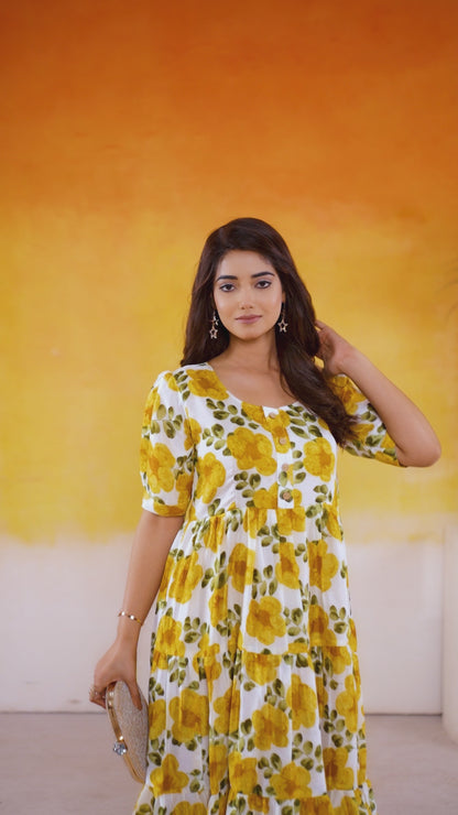 WOMEN  FLORAL PRINTED FIT AND FLARE MIDI DRESS