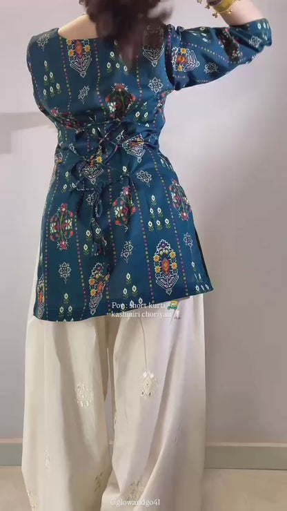 BLUE MUSLIN COTTON KURTI WITH WHITE FARSHI PLAZZO AND EMBROIDERY WORK