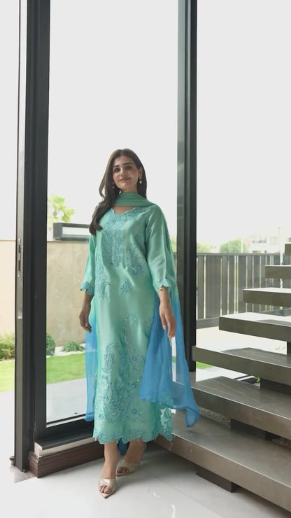 AQVA BLUE RAYON KURTA SET WITH SHADED MULL COTTON DUPATTA