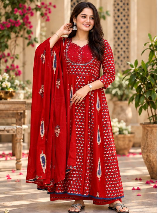 RED - FLAIRED ADDA WORK - ANARKALI SUIT SET