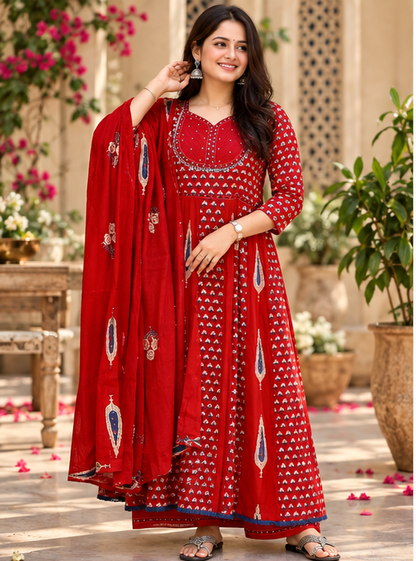 RED - FLAIRED ADDA WORK - ANARKALI SUIT SET