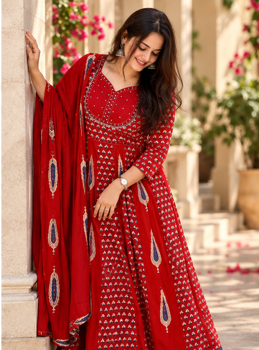 RED - FLAIRED ADDA WORK - ANARKALI SUIT SET