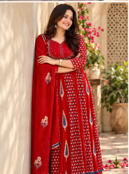 RED - FLAIRED ADDA WORK - ANARKALI SUIT SET