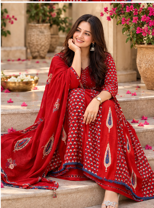 RED - FLAIRED ADDA WORK - ANARKALI SUIT SET