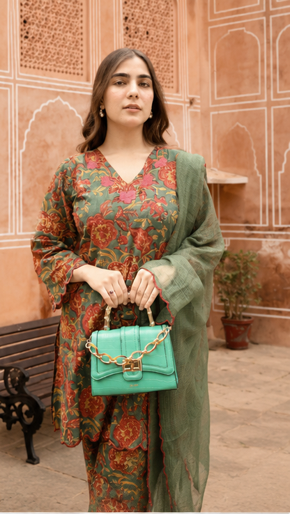 MAARIA - MAROON CONTRAST GREEN SCALLOPS CO-ORD SET (2 Colors)