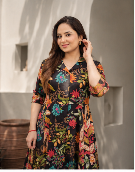 BLACK MULTI FLORAL COTTON A LINE DREES