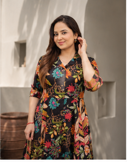 BLACK MULTI FLORAL COTTON A LINE DREES