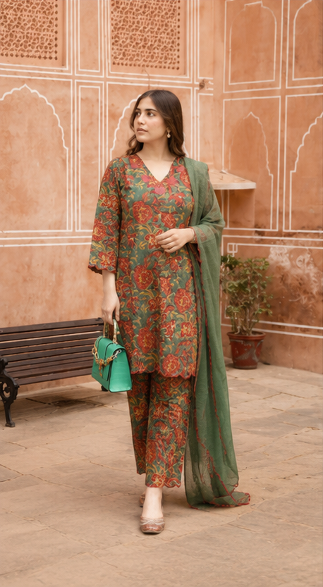 MAARIA - MAROON CONTRAST GREEN SCALLOPS CO-ORD SET (2 Colors)