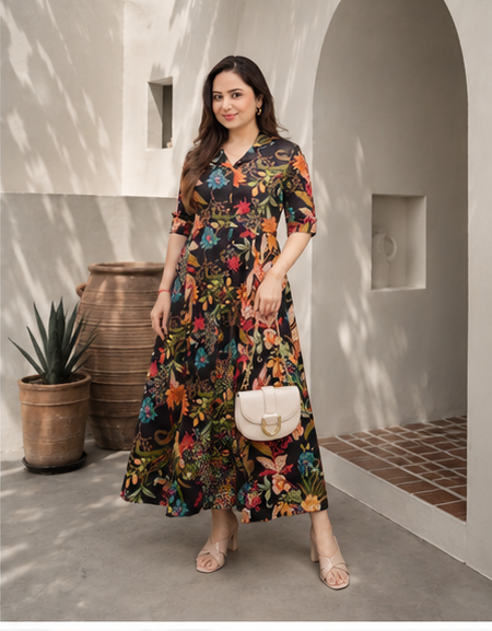 BLACK MULTI FLORAL COTTON A LINE DREES