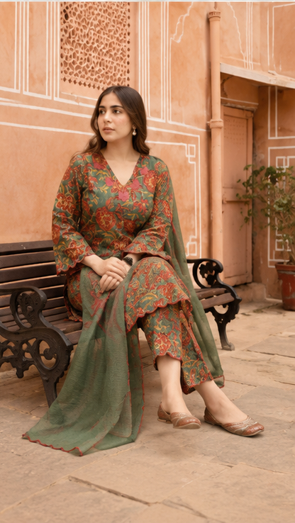 MAARIA - MAROON CONTRAST GREEN SCALLOPS CO-ORD SET (2 Colors)