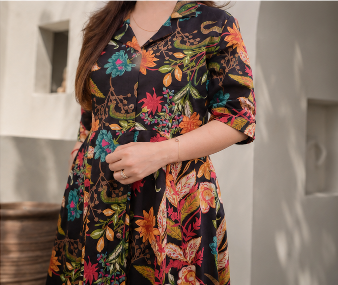 BLACK MULTI FLORAL COTTON A LINE DREES
