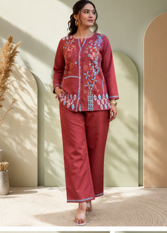 RUST PREMIUM COTTON CO-ORD SET WITH  EMBROIDERY WORK