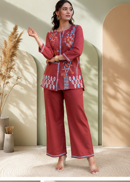 RUST PREMIUM COTTON CO-ORD SET WITH  EMBROIDERY WORK