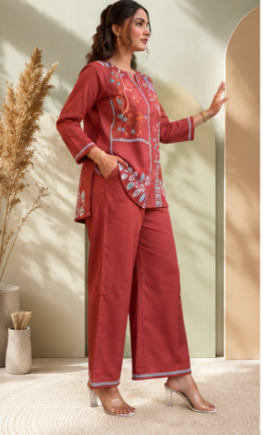 RUST PREMIUM COTTON CO-ORD SET WITH  EMBROIDERY WORK