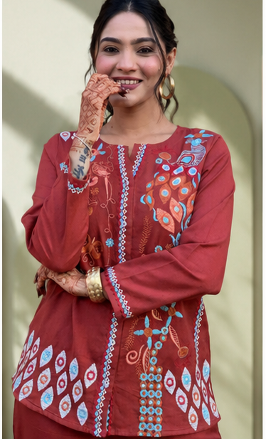 RUST PREMIUM COTTON CO-ORD SET WITH  EMBROIDERY WORK
