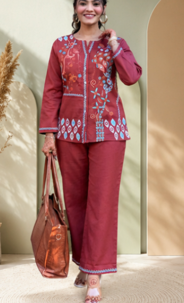 RUST PREMIUM COTTON CO-ORD SET WITH  EMBROIDERY WORK